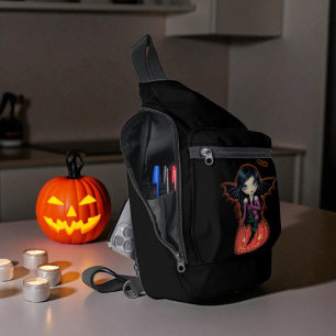 Cute Halloween Vampire Girl and Jack-o-Lantern Sling Bag