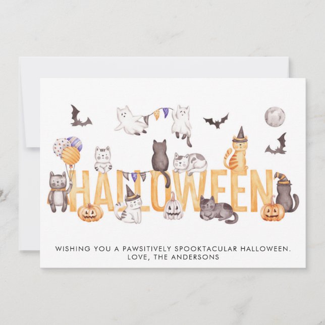 Cute Halloween Watercolor Cats Personalised Holiday Card (Front)