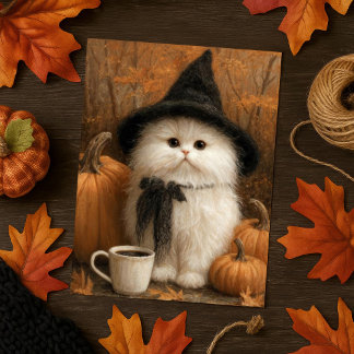 Cute Halloween White Cat Witch with Coffee Cup Postcard