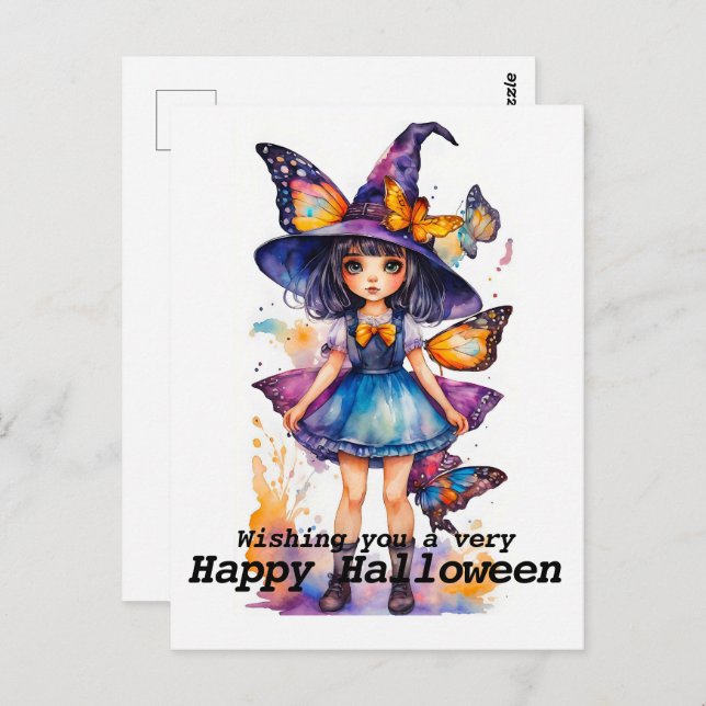 Cute Halloween Witch and Butterflies Postcard (Front/Back)