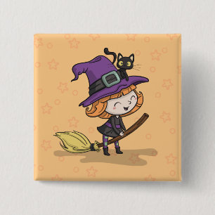Cute Halloween Witch and Cat   Button