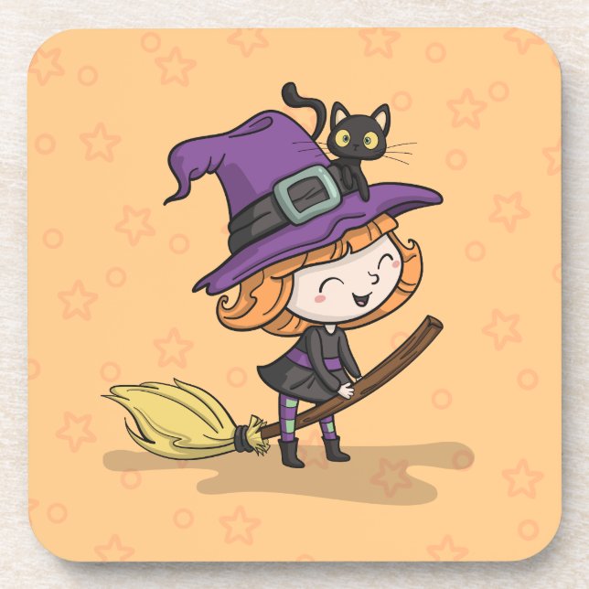 Cute Halloween Witch and Cat | Coaster (Front)