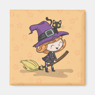Cute Halloween Witch and Cat Magnet