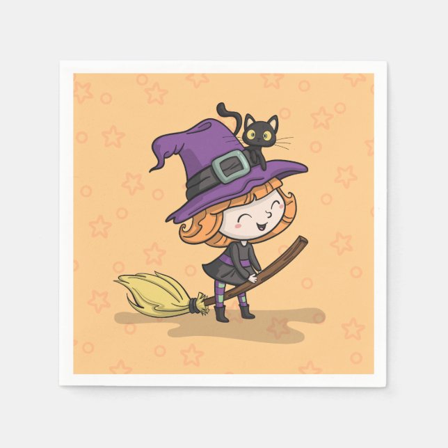 Cute Halloween Witch and Cat | Napkin (Front)