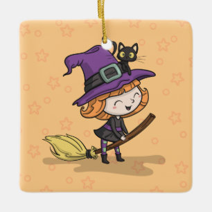 Cute Halloween Witch and Cat Ornament