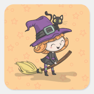 Cute Halloween Witch and Cat   Sticker