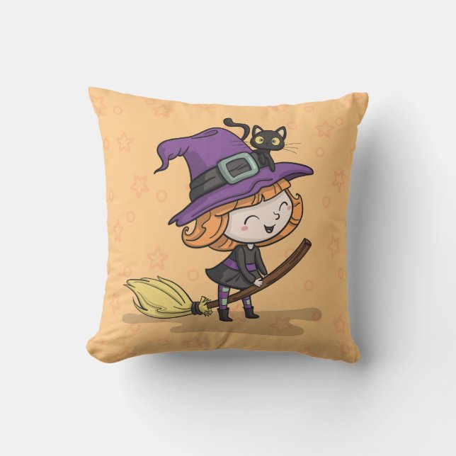 Cute Halloween Witch and Cat | Throw Pillow (Front)