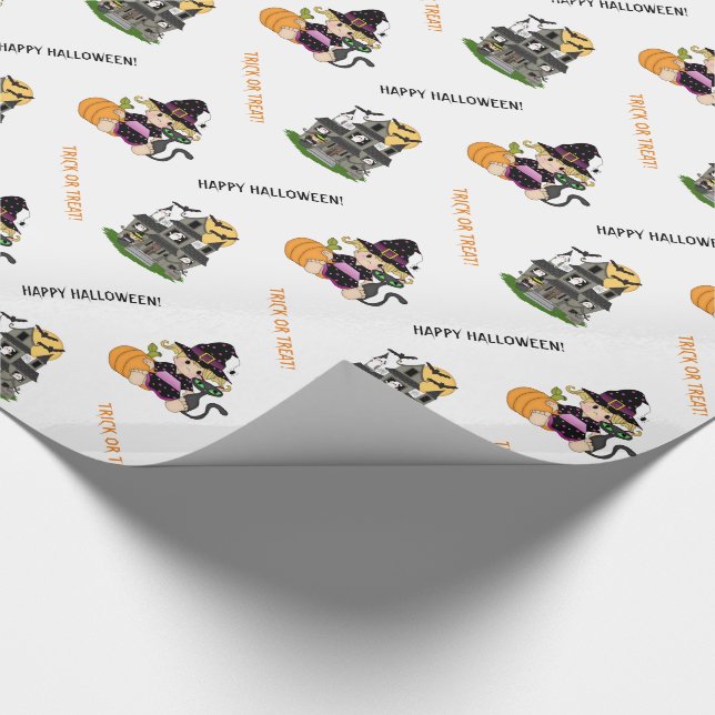 Cute Halloween witch and haunted house Wrapping Paper (Corner)