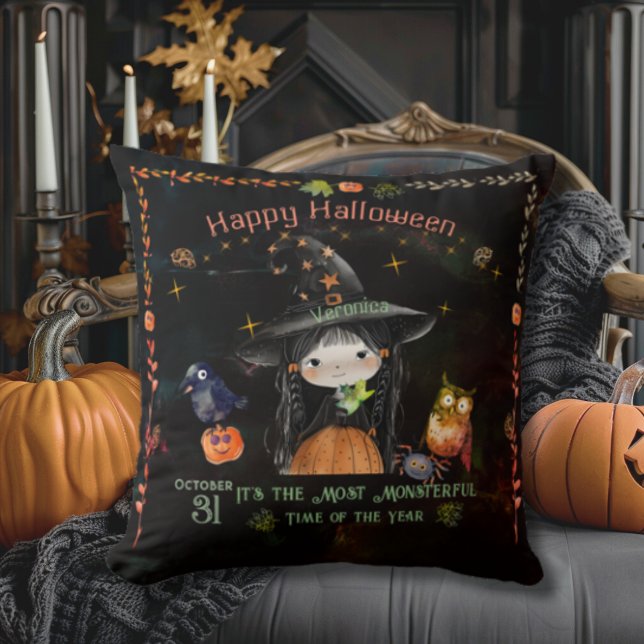Cute Halloween Witch Black Cushion (Cute Halloween Witch Black Throw Pillow)