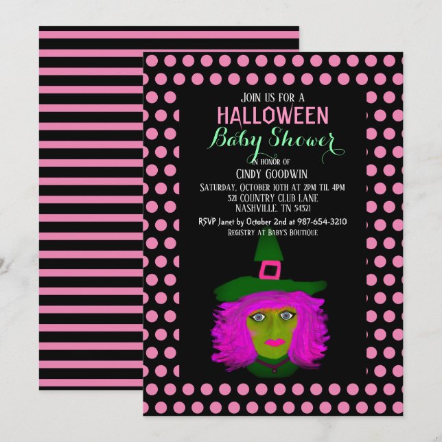 Cute Halloween Witch Black Pink Girl Baby Shower Invitation (Front/Back)