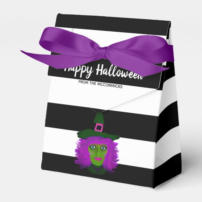 Cute Halloween Witch Black Striped Party Name Favour Box (Front Side)