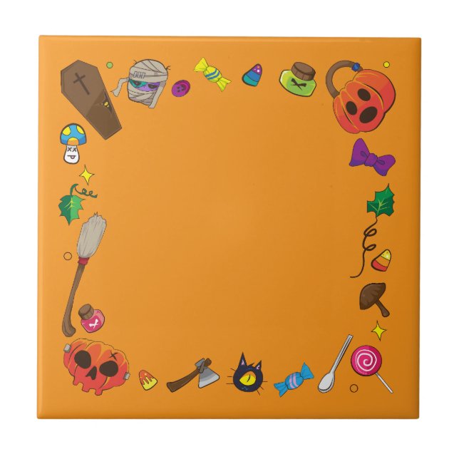 Cute Halloween Witch Broomstick orange Tile (Front)