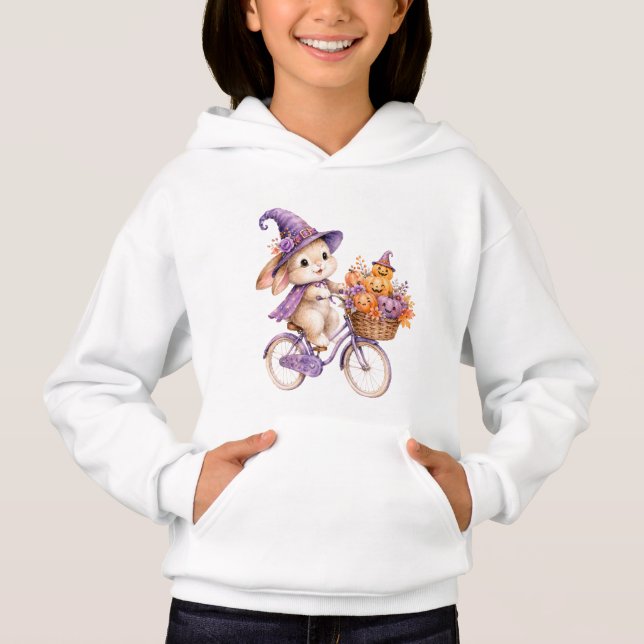 Cute Halloween Witch Bunny Riding Pumpkin Bicycle  (Front)