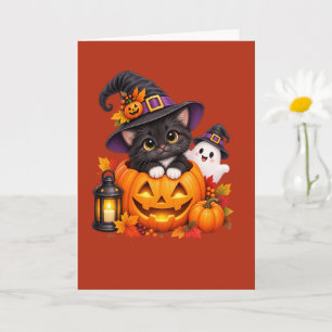 Cute Halloween Witch Cat and Ghost Personalised To Card