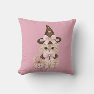 Cute Halloween Witch Cat Pink Pumpkin Cushion