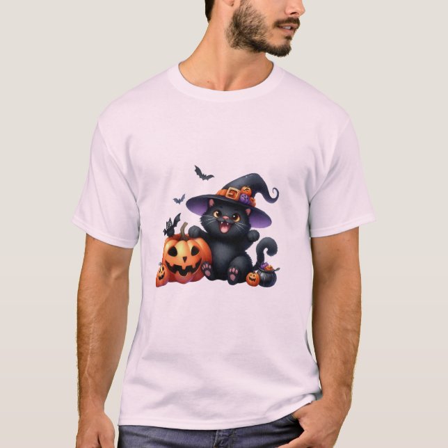 Cute Halloween Witch Cat & Pumpkin Friend  🐾🎃 T-Shirt (Front)