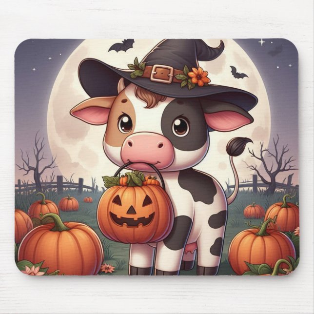 Cute Halloween witch cow Mouse Pad (Front)