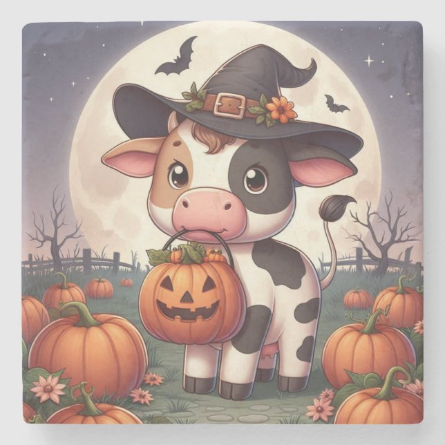 Cute Halloween witch cow Stone Coaster (Front)