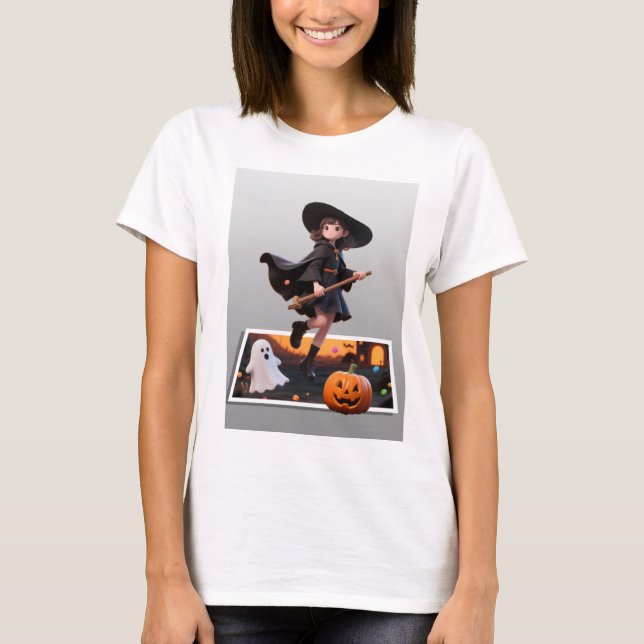 Cute Halloween Witch Flying on Broomstick T-Shirt (Front)