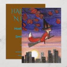 Cute Halloween Witch Fox Flying Broomstick Flat In