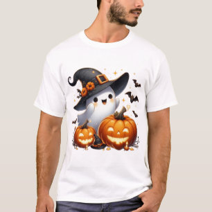 Cute Halloween Witch Ghost & Glowing Jack O Lanter T-Shirt
