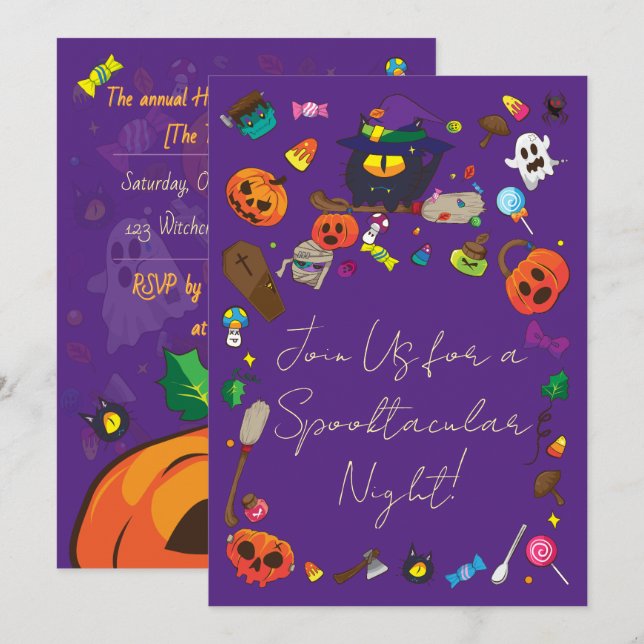 Cute Halloween Witch Ghost Pumpkin Invitation (Front/Back)
