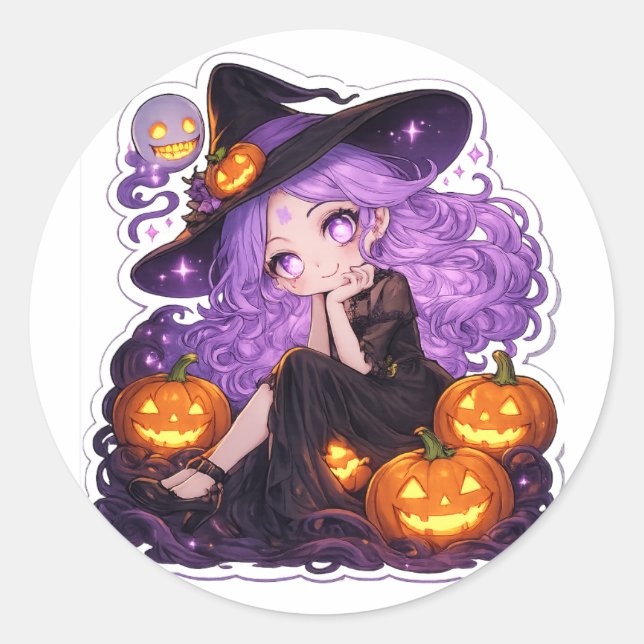 Cute Halloween Witch Girl Pumpkin Sticker (Front)
