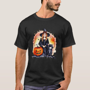 Cute Halloween Witch Girl with Cat and Pumpkin T-Shirt