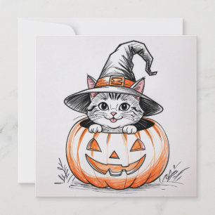 Cute Halloween Witch Kitten and Jack O'Lantern Holiday Card