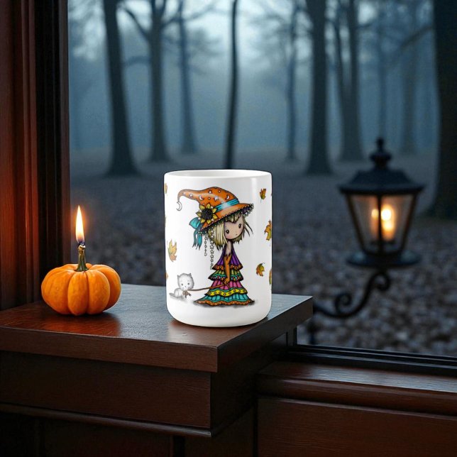 Cute Halloween Witch & Kitten with Autumn Leaves Coffee Mug (Creator Uploaded)