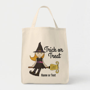 Cute Halloween Witch on Broom Stick Personalised Tote Bag