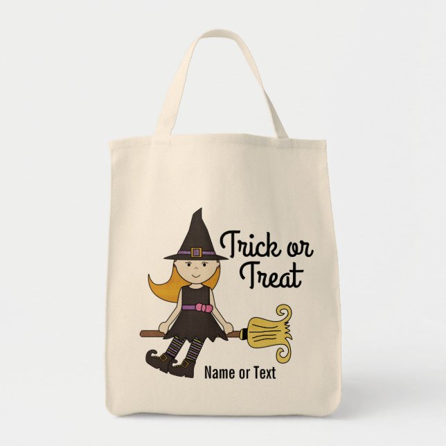 Cute Halloween Witch on Broom Stick Personalised Tote Bag (Front)