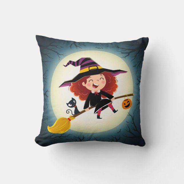 Cute Halloween Witch on Broom with Cat and Pumpkin Cushion (Front)