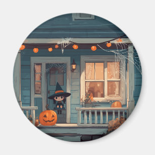 Cute Halloween Witch on Spooky Porch - Magnet