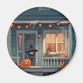 Cute Halloween Witch on Spooky Porch - Magnet