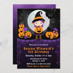 Cute Halloween Witch Pumpkins Birthday Party Invitation