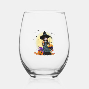 Cute Halloween Witch Stemless Wine Glass