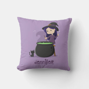 Cute Halloween Witch Stirring Melting Pot Purple Cushion