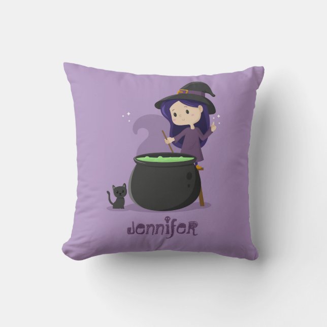 Cute Halloween Witch Stirring Melting Pot Purple Cushion (Front)