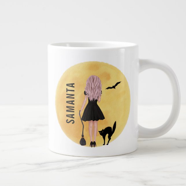 Cute Halloween Witch with Full Moon and Black Cat  Large Coffee Mug (Right)