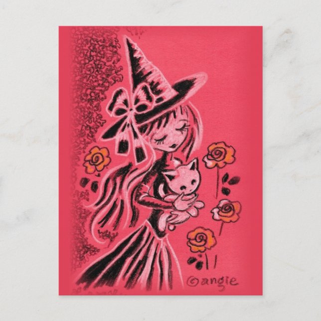 Cute Halloween Witch With Kitten Postcard (Front)
