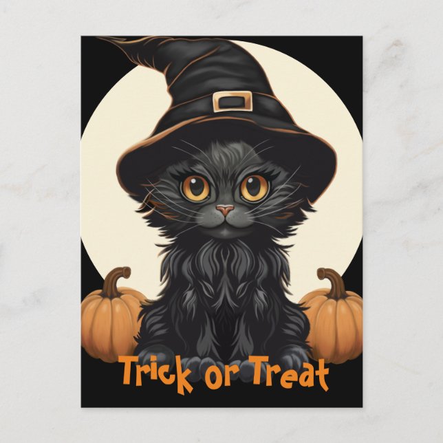Cute Halloween Witches Cat with Hat and Pumpkins Postcard (Front)