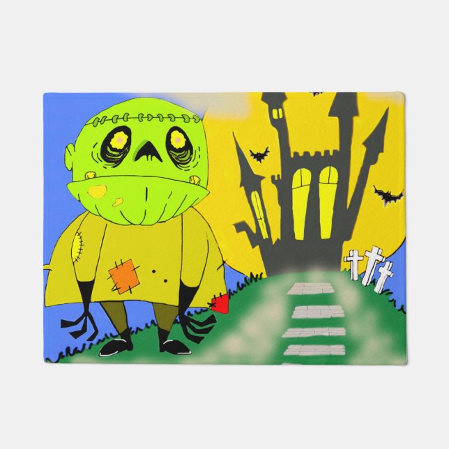 Cute Halloween Zombie and Castle Doormat (Front)
