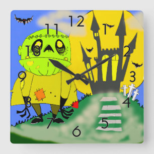 Cute Halloween Zombie and Castle Square Wall Clock