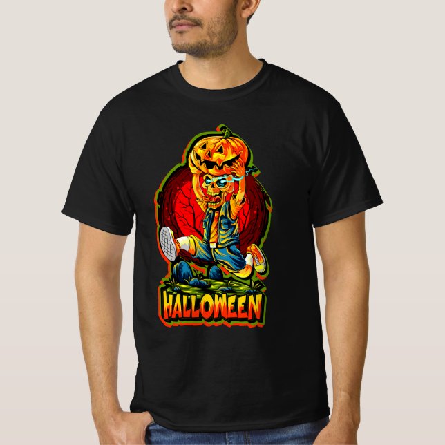 Cute Halloween Zombie Monster Running with Pumpkin T-Shirt (Front)