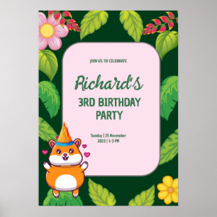 Cute Hamster Botanical Themed Kid's Birthday Party Poster