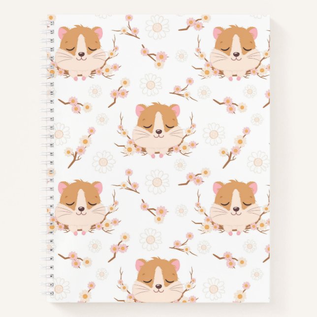 Cute Hamster Face and Pink Flowers Pattern Notebook (Front)