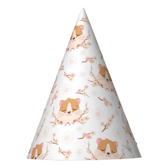 Cute Hamster Face and Pink Flowers Pattern Party Hat (Front)