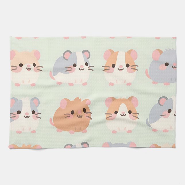 Cute Hamster Faces Kawaii Pastel Pattern Tea Towel (Horizontal)