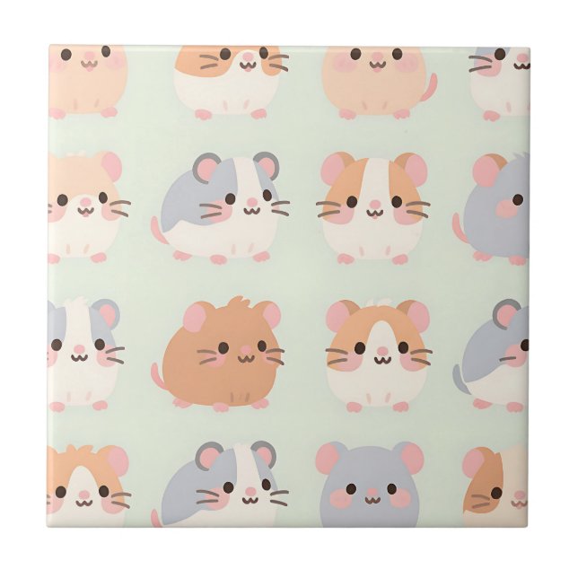 Cute Hamster Faces Kawaii Pastel Pattern Tile (Front)